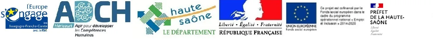Financeurs de la clause d'insertion : l'Europe s'engage en Bourgogne-Franche-Comté, ADCH, Département de la Haute-Saône, République française, Union européenne Fonds social européen, Préfet de la Haute-Saône