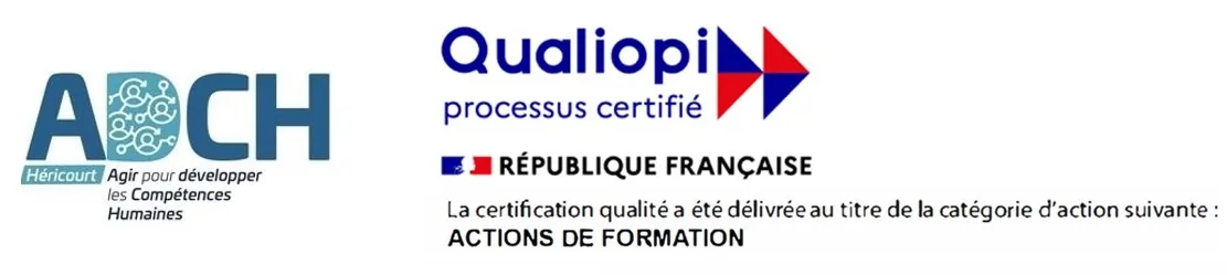 ADCH et marque Qualiopi processus certifié – République française – la certification qualité a été délivrée au titre de la catégorie d'action suivante : actions de formation